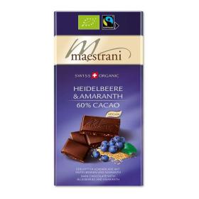 Maestrani Swiss Bio / Fairtrade Edelbitter Schokolade Heidelbeere & Amaranth 60% Cacao ~ 1 x 80 g Tafel