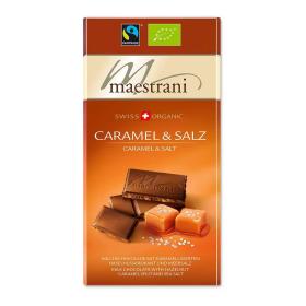 Maestrani Swiss Bio / Fairtrade Milchschokolade Caramel & Salz 34% Cakao ~ 1 x 80 g Tafel