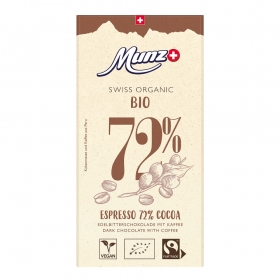 Munz Swiss premium Schokoladentafeln Bio & Fairtrade Organic Dark Edelbitter Schokolade Espresso 72% Cacao ~ 100 g